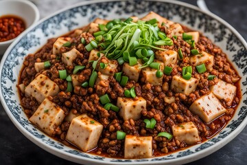 Fototapeta premium A rich and flavorful mapo tofu-with minced pork and chili oil topped with fresh green onions, Ai Generated