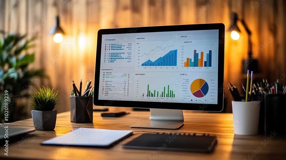 Poster modern workspace with data visualization on computer screen