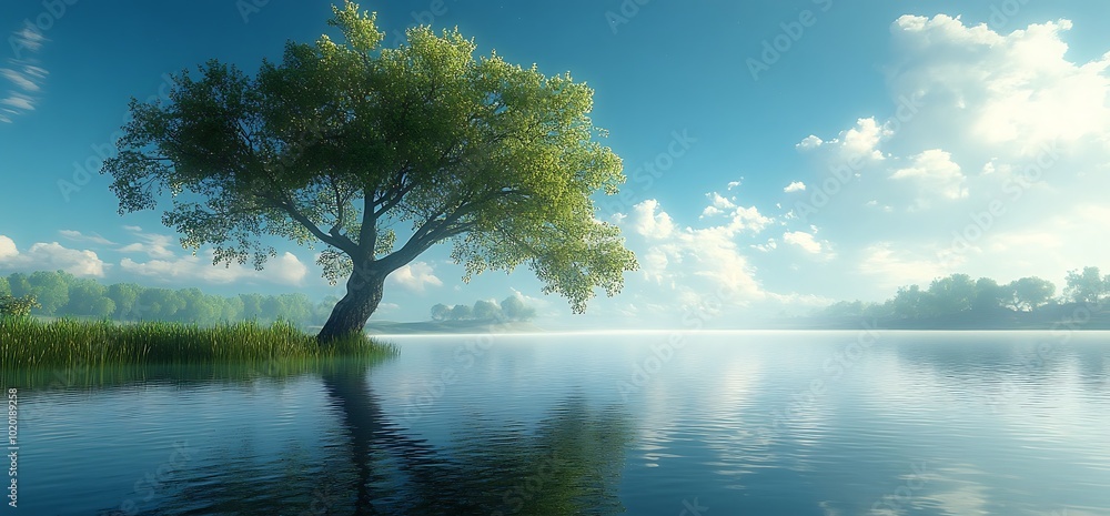Poster tranquil lake with a single tree and a reflection.
