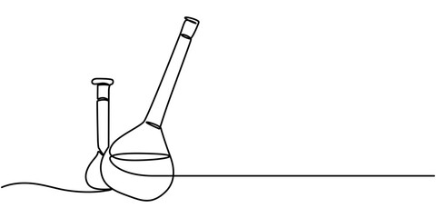 Lab experiment tools in continuous single one line art drawing. Minimalist glassware for laboratory research. Hand drawn vector illustration education and science concept, Chemical lab flask