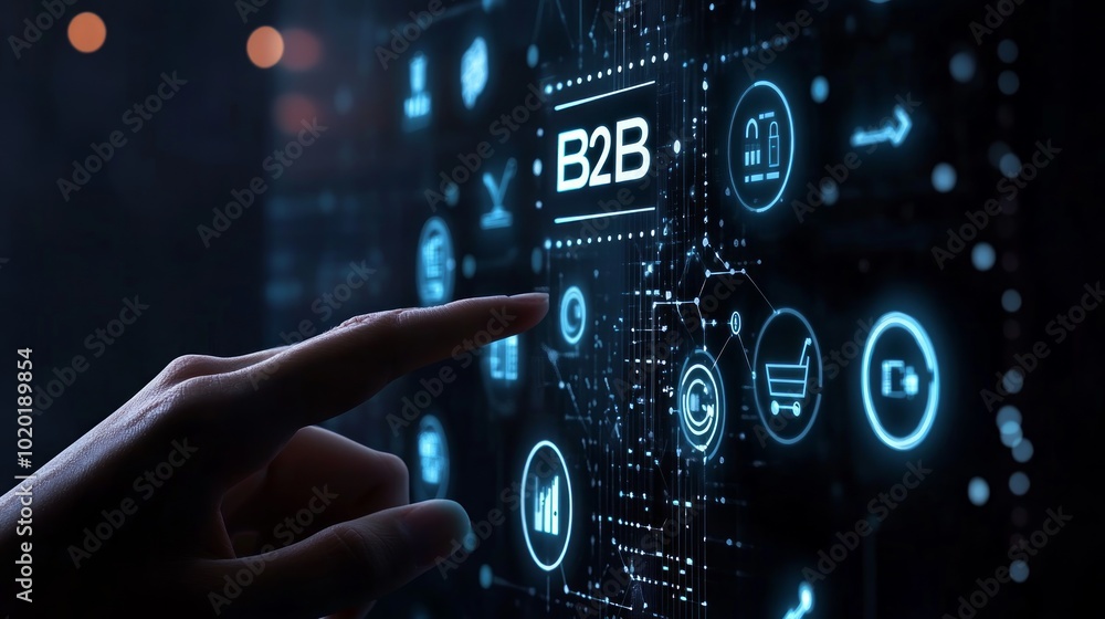 Poster a hand points to the b2b icon on a digital screen surrounded by icons representing various business 