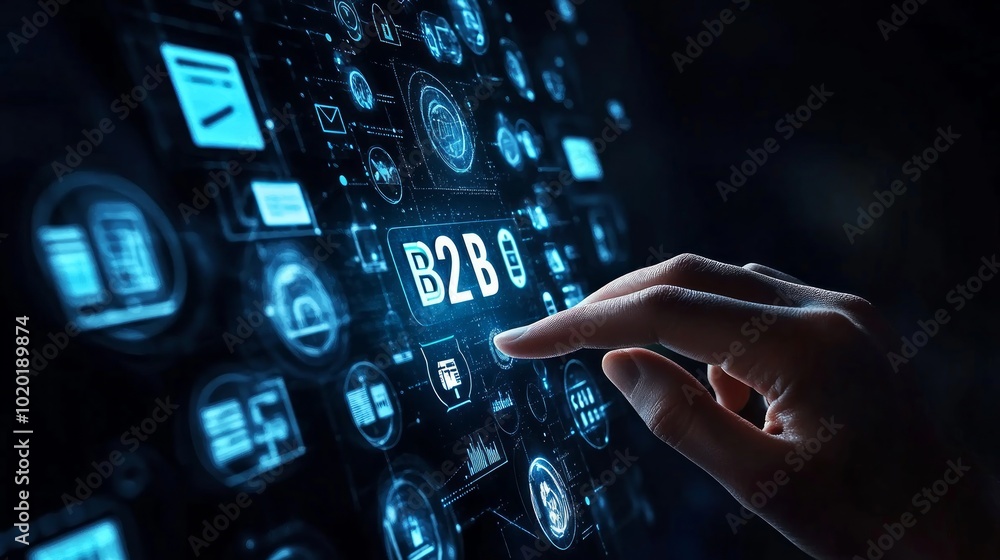 Aufkleber a hand points to the word 'b2b' on a digital screen with many icons representing different business 