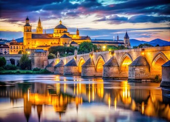 Fototapeta premium Macro Photography of Roman Bridge Over Guadalquivir River with Great Mosque in Cordoba, Spain â€“ Architectural Beauty and Rich History