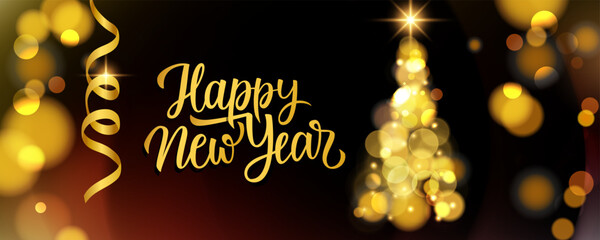 Happy New Year celebration banner. Festive background for New Year greetings and invitations. Bright blurred bokeh lights. Christmas tree. Vector illustration.