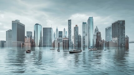 Naklejka premium A tranquil view of a flooded skyline with boats navigating through rising waters at dawn