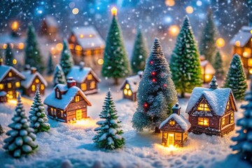 Obraz premium Miniature Christmas Village with Twinkling Lights in Snowy Pine Tree Setting