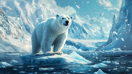 A polar bear stands majestically on an ice floe amid snow-capped mountains and icy waters 