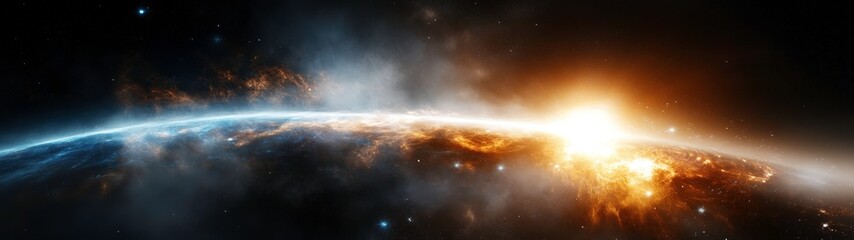 Fototapeta premium Craft an intriguing image showcasing a side view exploring cosmic anomalies; blend elements of fantasy and science fiction to create a visually stunning and thought-provoking composition., Bird's-eye