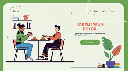 People dining healthy food in cozy cafe scene with bookshelves and plants colorful modern design landing page template