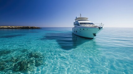 Obraz premium A white yacht sailing through calm, crystal-clear waters, leaving a gentle wake behind.