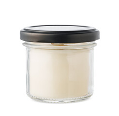 A beautifully crafted scented candle in a clear jar with a wooden wick