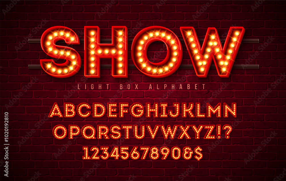 Fototapete light bulb alphabet with red frame box and shadow on vintage brick wall background. glowing retro ve
