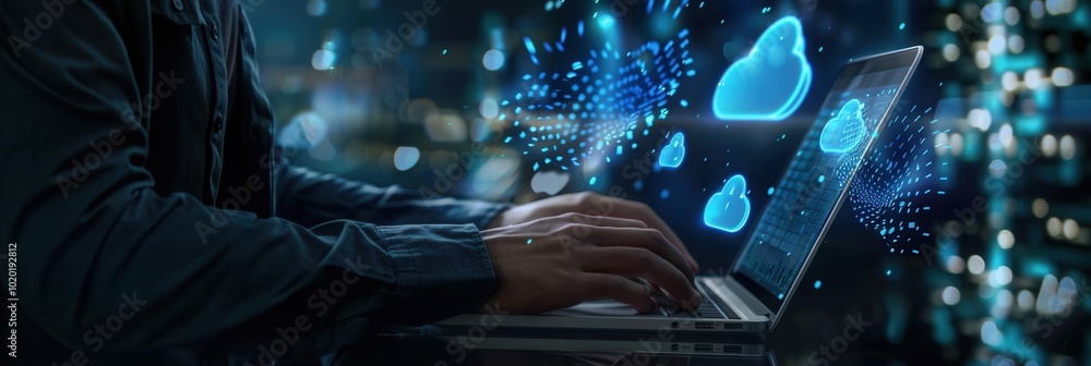 Aufkleber a cybersecurity expert actively protects sensitive data on a laptop, surrounded by dynamic cloud ico
