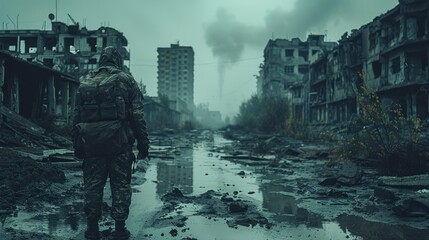 A soldier surveys the desolate landscape of a war-torn city shrouded in mist and uncertainty at dawn. Generative AI