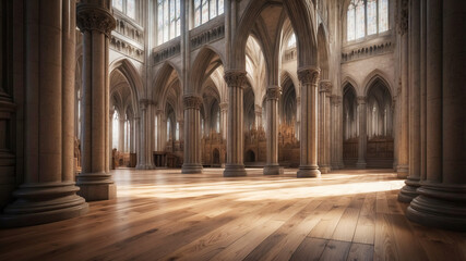 Obraz premium Inside of an ancient gothic cathedral with wooden floor and carved stone columns
