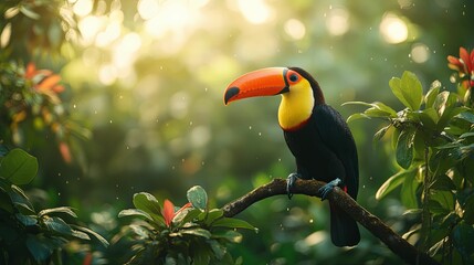A Toucan Perched on a Branch in a Tropical Rainforest