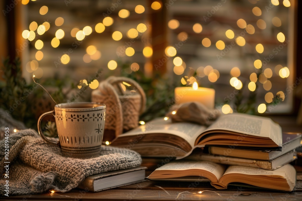 Aufkleber a steaming cup of coffee sits beside open books, surrounded by warm lights creating a cozy atmospher
