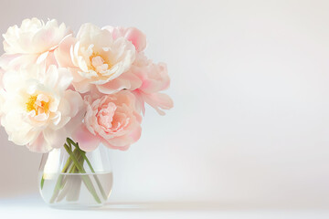 Fototapeta premium A lovely arrangement of soft pink peonies fills a glass vase, creating a serene atmosphere against a minimalist white backdrop, perfect for enhancing any decor