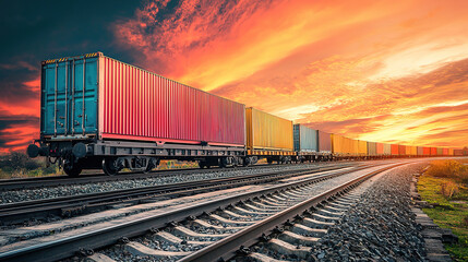 Fototapeta premium wagon of freight train with containers on the sky background