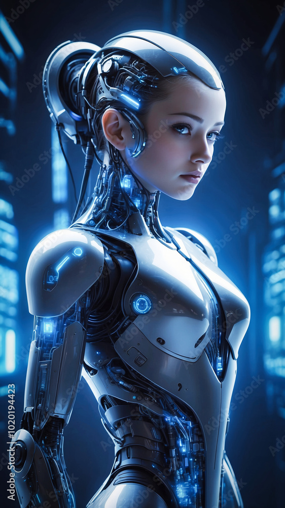 Poster a humanoid head with a neural network brain. artificial intelligence concept.