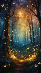 Fototapeta premium Forest at dawn with glowing butterflies and fireflies along a golden-lit pathway