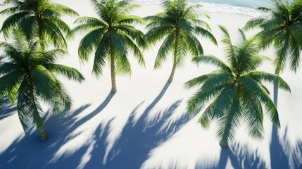 Green palm trees swaying gently in the tropical breeze, casting shadows on a white sandy beach.