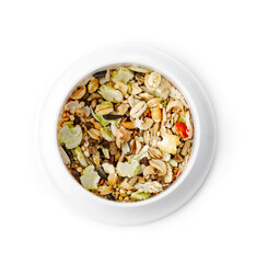 Nutritious seed mix served in a bowl with additional snacks for pet at home