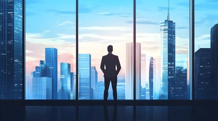 Fototapeta premium Businessman Overlooking Skyscraper Cityscape Through Large Glass Window in Corporate Office