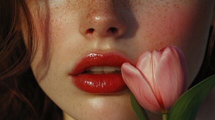 Hyper-realistic high-resolution ultra-detailed close-up beauty portrait of a woman's face with red lips holding a pink tulip in her mouth
