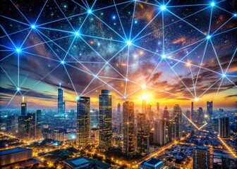 Fototapeta premium Night Over a Data-Driven City with Long Exposure Effects and Binary Stars