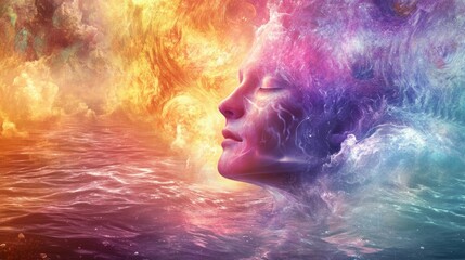 Fototapeta premium Face in the water colorful. spiritual thoughts 