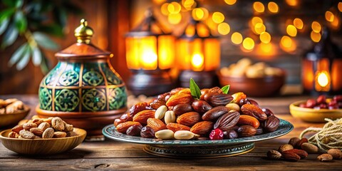 Naklejka premium Nuts and Dates: Healthy Snack Ideas for Ramadan Fasting and Dieting