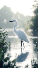 Naklejka premium A serene white heron stands gracefully in calm waters, surrounded by lush greenery.