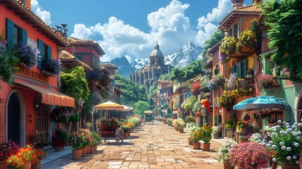 Obraz premium A picturesque square filled with flower stall. AI generated