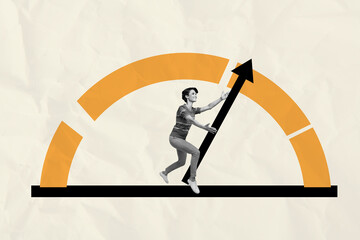 Composite collage picture image of funny female hold arrow speedometer rate score business weird...