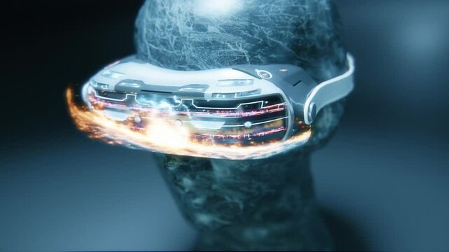 A close-up of the futuristic VR headset on a sculpture head, with holographic projections displaying data and visuals, against a dark background. 