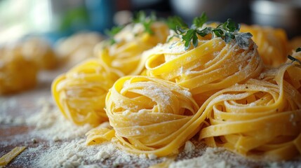 Freshly made pasta garnished with herbs and cheese.
