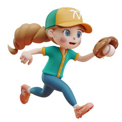 3D render in cartoon style baseball player girl  training and playing a match, cut out, isolated on transparent background.