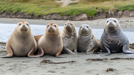 Fototapeta premium A group of five seals resting on a sandy beach by the water.