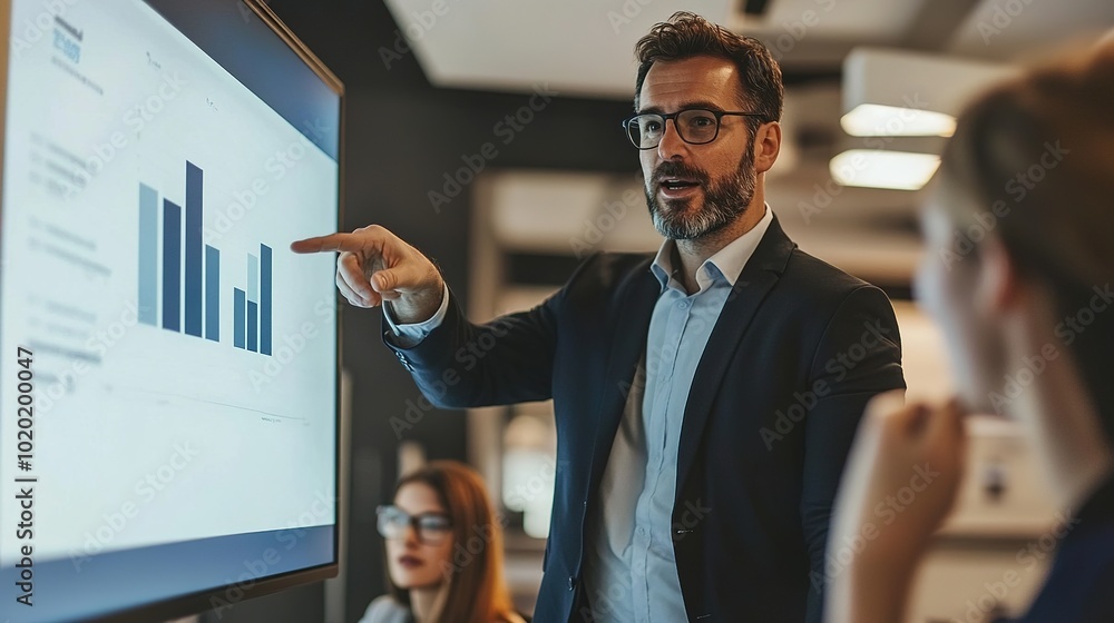 Poster business presentation with data analysis in office setting