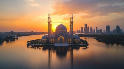 Fototapeta premium A majestic mosque sits on an island in a lake, with a vibrant sunset reflecting in the water.