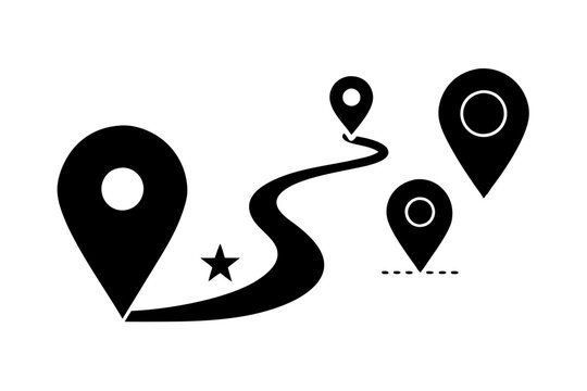 black map pins with route and star clip art preview