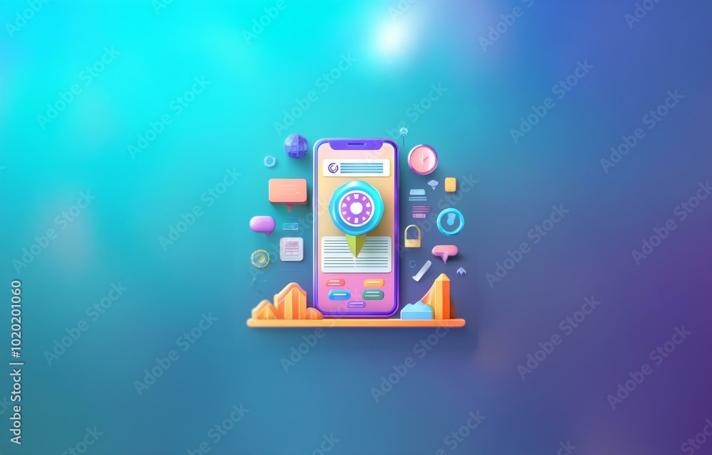 Aufkleber a smartphone with a location pin and other colorful icons on a gradient background.