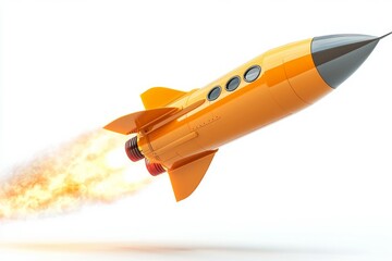 Naklejka premium orange shiny rocket takes off from the spaceport, white background 