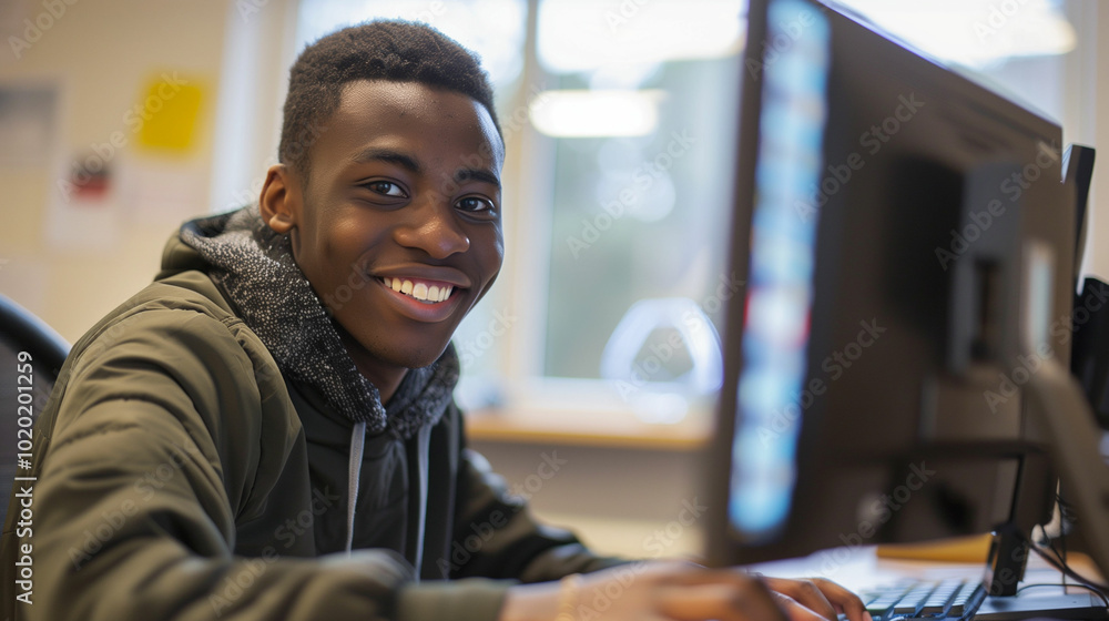 Poster smiling young man working at a computer in an office setting.