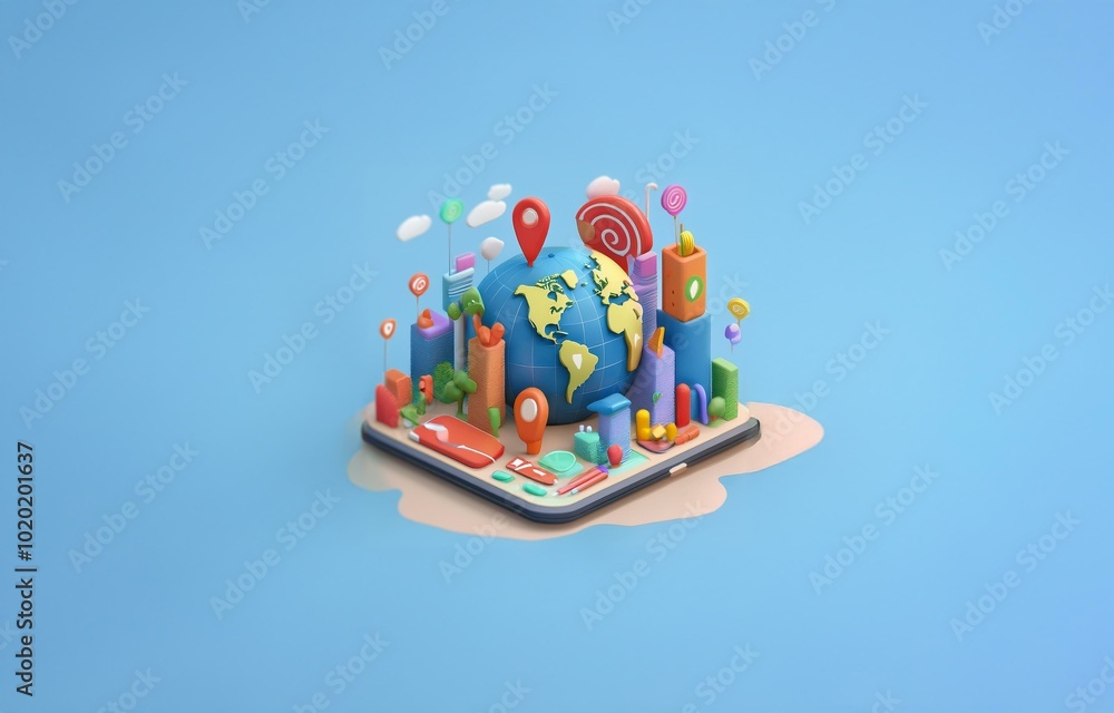 Poster a globe surrounded by colorful objects on top of a smartphone.
