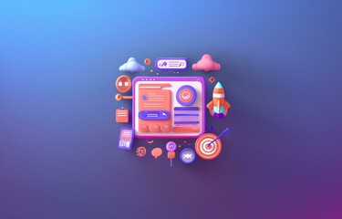 Naklejka premium A 3D illustration of a web browser with colorful icons surrounding it on a blue-purple gradient background.
