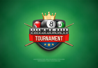 Billiard tournament banner with balls, cues and golden crown. Poster for sports championship. Billiard logo. Vector illustration.