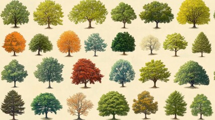 Fototapeta premium A Collection of 24 Diverse Tree Illustrations with Various Foliage Colors and Textures