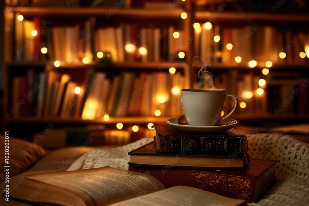 Aufkleber enjoy a warm atmosphere with a cup of coffee and open books, ideal for relaxing and immersing in sto